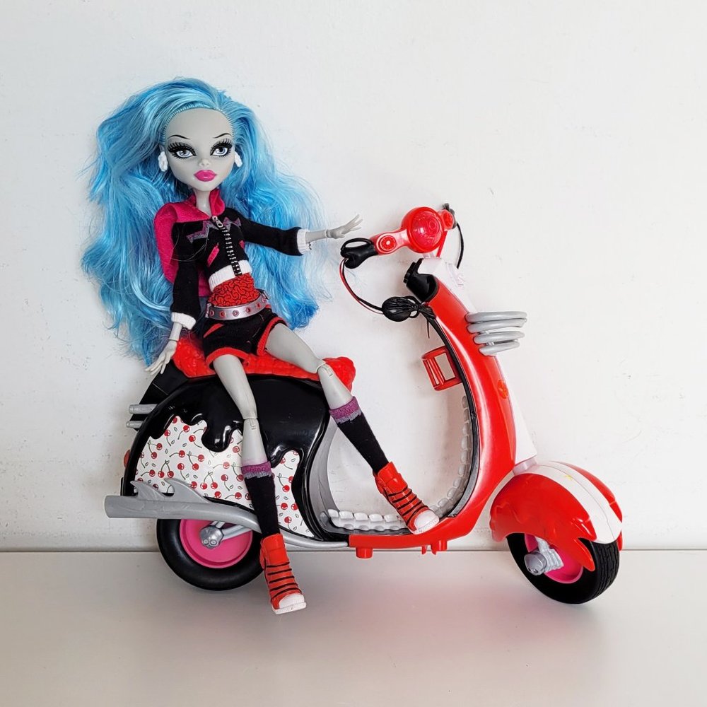 monster high Blue-Haired Doll with Red & White Scooter
